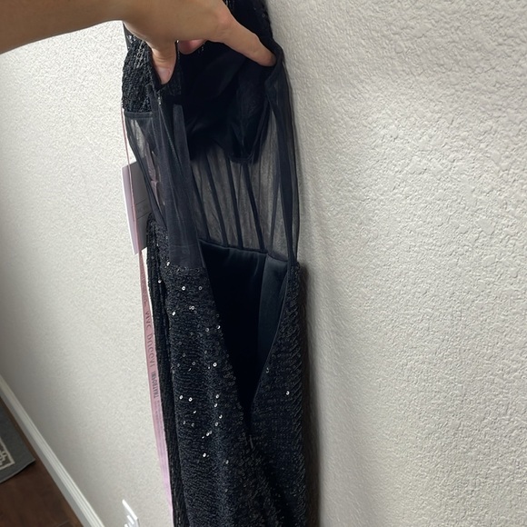 NWT Mac Duggal One Shoulder Sheer Bustier Side Drape Sequin Dress Mini Black 8 - Picture 10 of 16